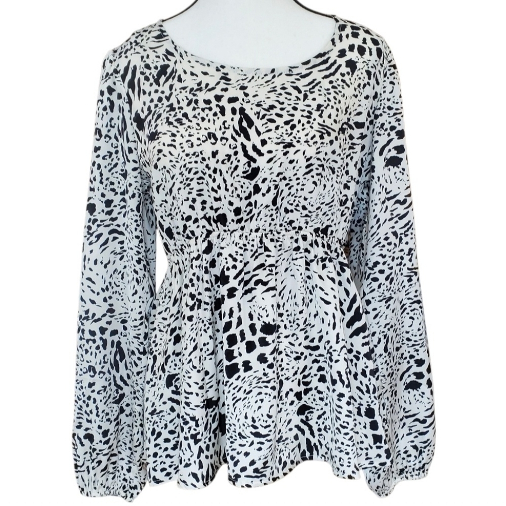 Macaron White&Black Elephant Print Blouse Elastic Cuffs&Waist Lantern Sleeve LRG